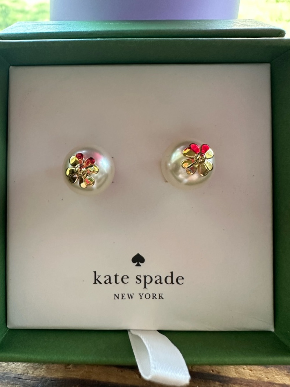 kate spade Pearl Stud Earrings with Gold Flower Accents and Pink Petals